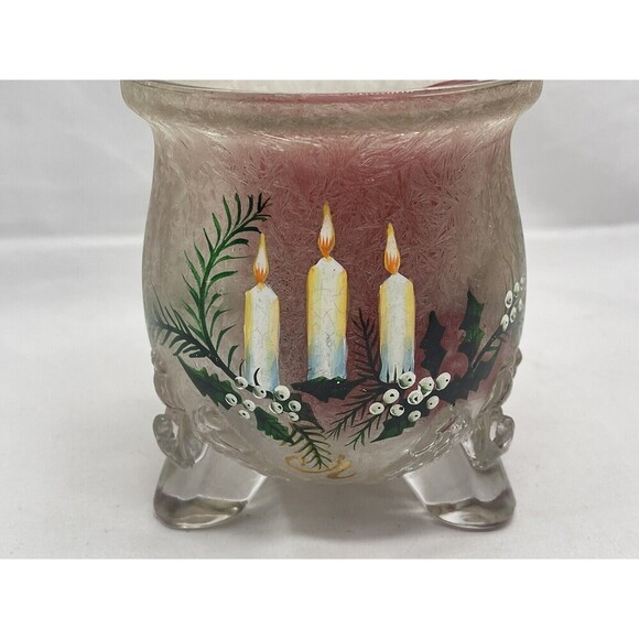 Heavy Crystal Frosted Glass Candle Holder 3-Footed Christmas Holiday Decor - Picture 2 of 11